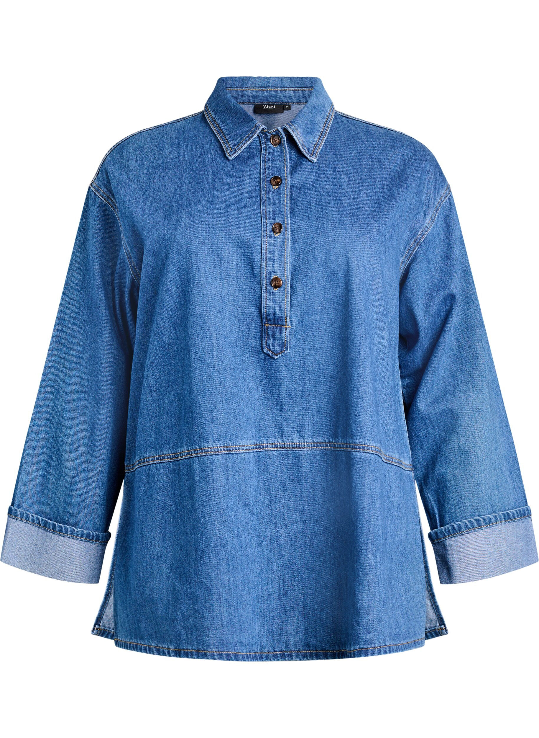 Zizzi Losse denimblouse met kraag en knoopsluiting, Blauw, Packshot image number 0