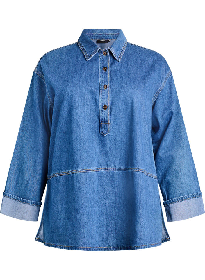 Losse denimblouse met kraag en knoopsluiting, Blauw, Packshot image number 0