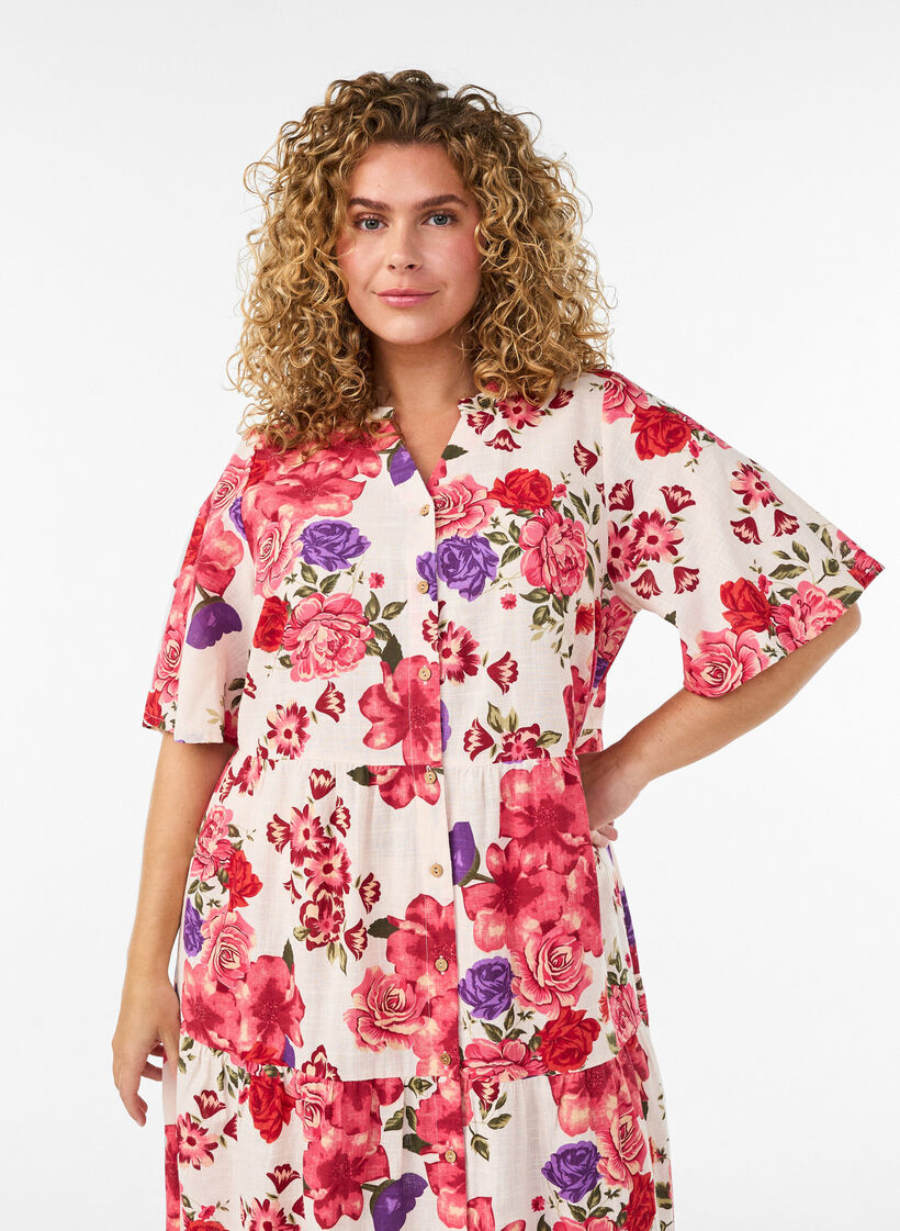 Katoenen midi jurk met bloemenprint, Rood, Model image number 2