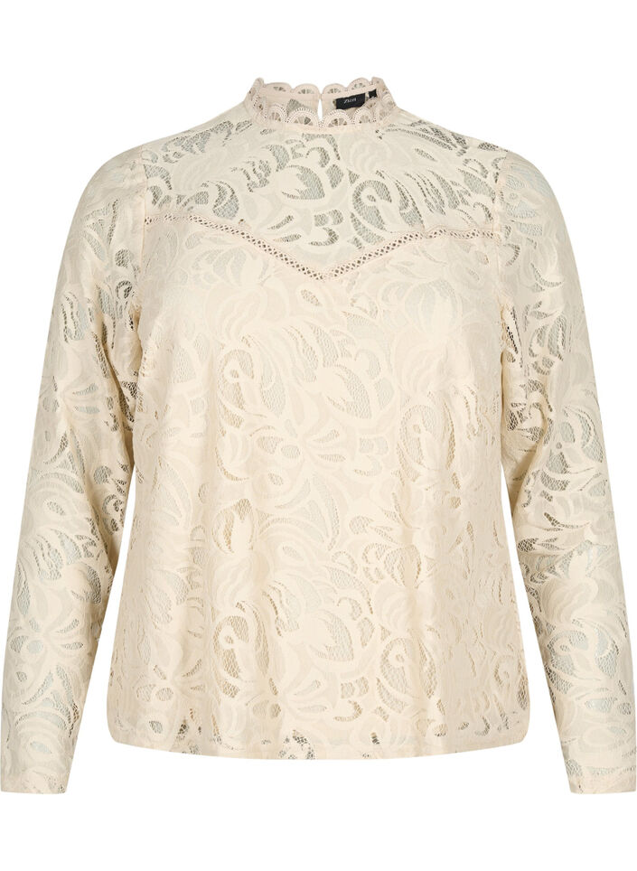 Kanten blouse met lange mouwen, Champagne, Packshot image number 0