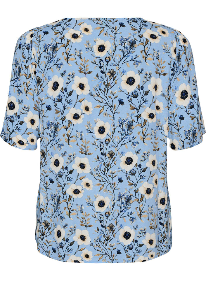 Bloemenblouse met korte mouwen, Blauw, Packshot image number 1