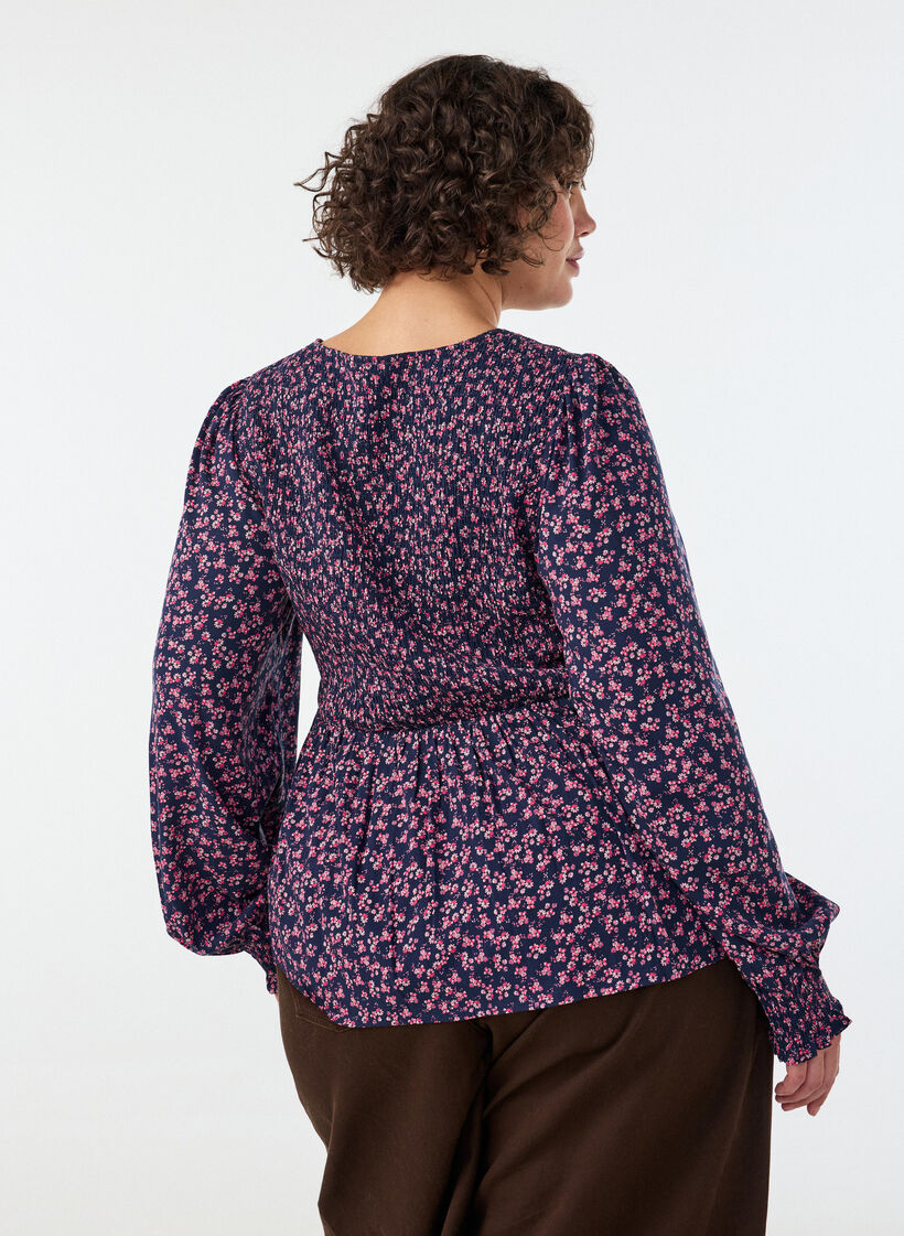 Blouse met gesmokte top en bloemenprint, Blauw, Model image number 1