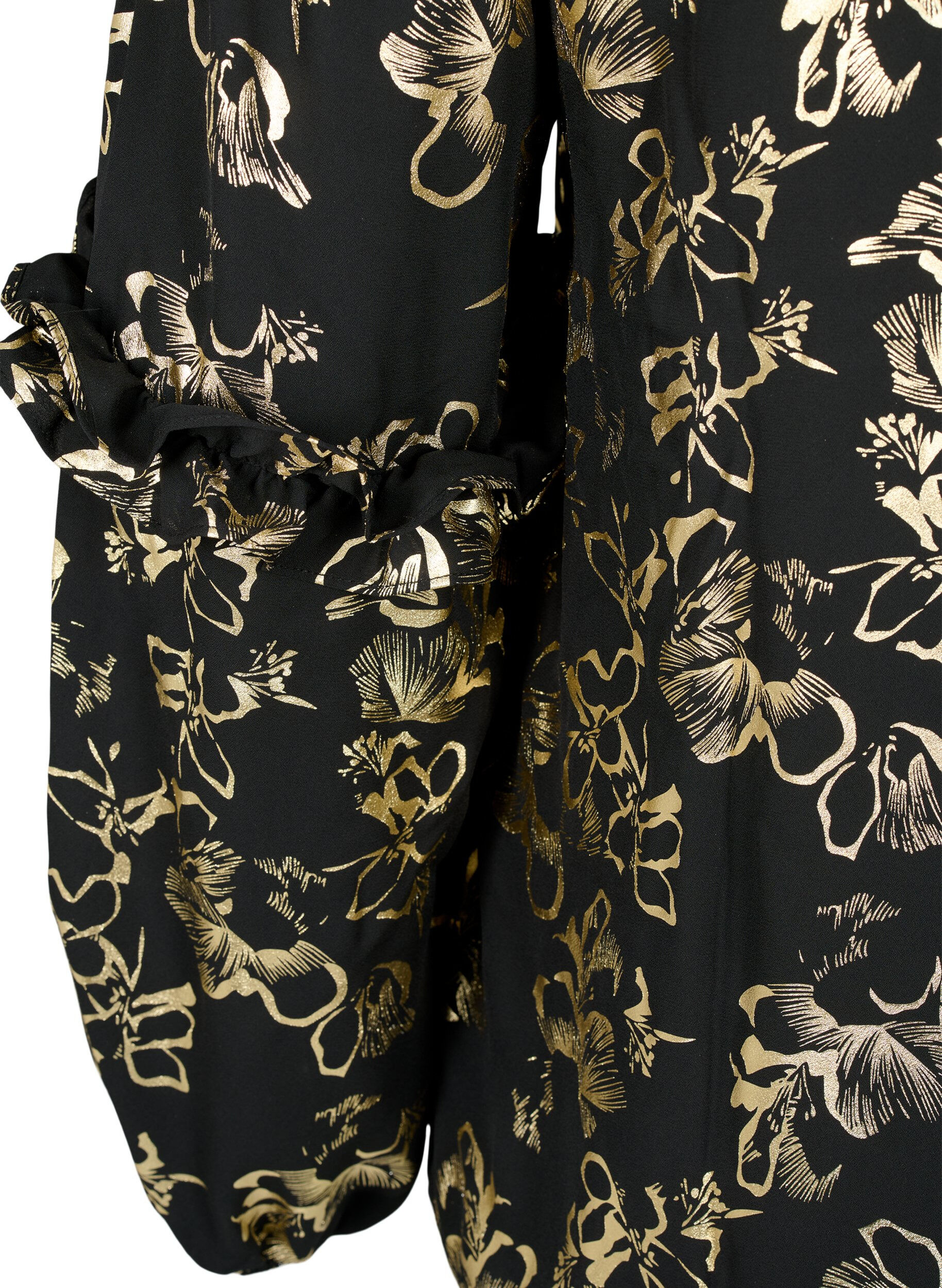 Zizzi Blouse met lange mouwen, ruches en folieprint, Black Foil AOP, Packshot image number 3