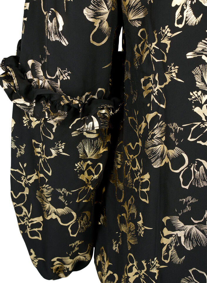 Blouse met lange mouwen, ruches en folieprint, Black Foil AOP, Packshot image number 3