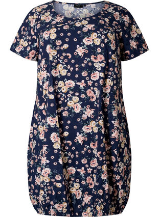 Bedrukte katoenen jurk met korte mouw, Blue Rose Flower, Packshot image number 0