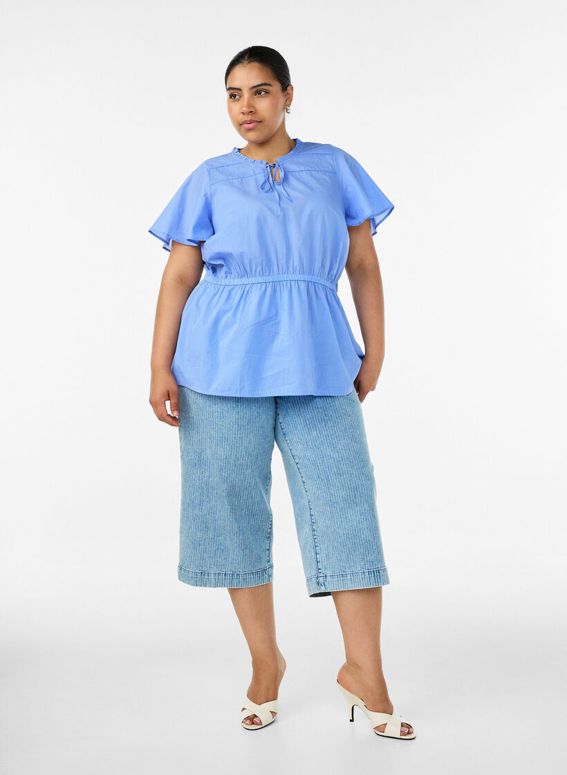 Katoenen blouse met strik en elastische taille, Blauw, Model image number 1