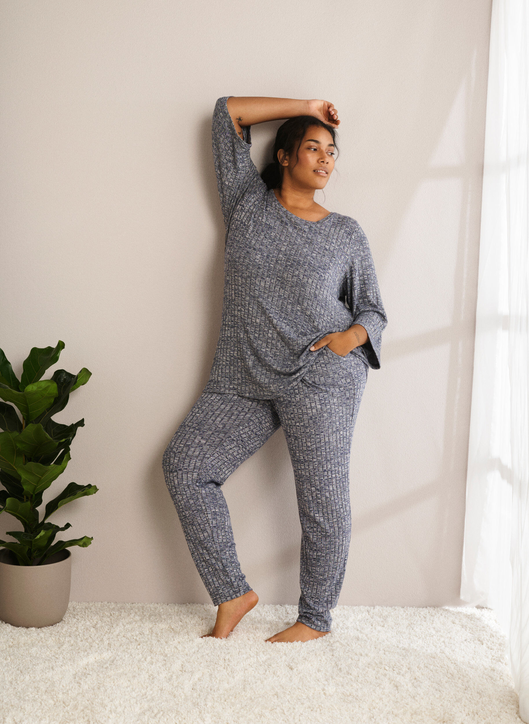 Zizzi Gem&ecirc;leerde blouse met ronde hals en 3/4 mouwen, Dress Blues Mel., Image image number 0