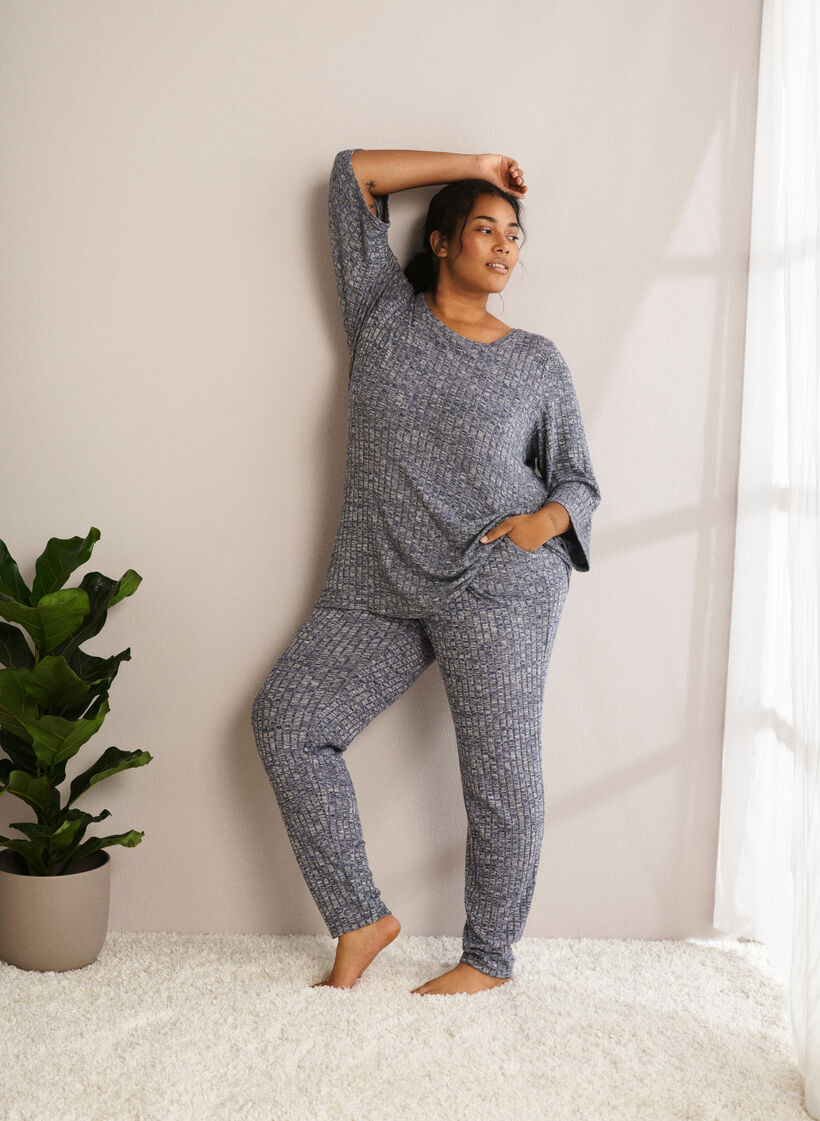 Gemêleerde blouse met ronde hals en 3/4 mouwen, Dress Blues Mel., Image image number 0