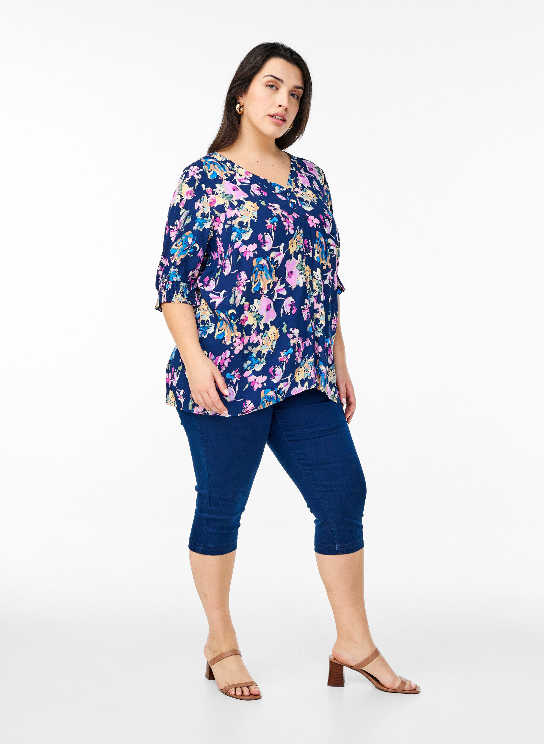 Zizzi Viscose blouse met korte mouwen, Blauw, Model image number 1