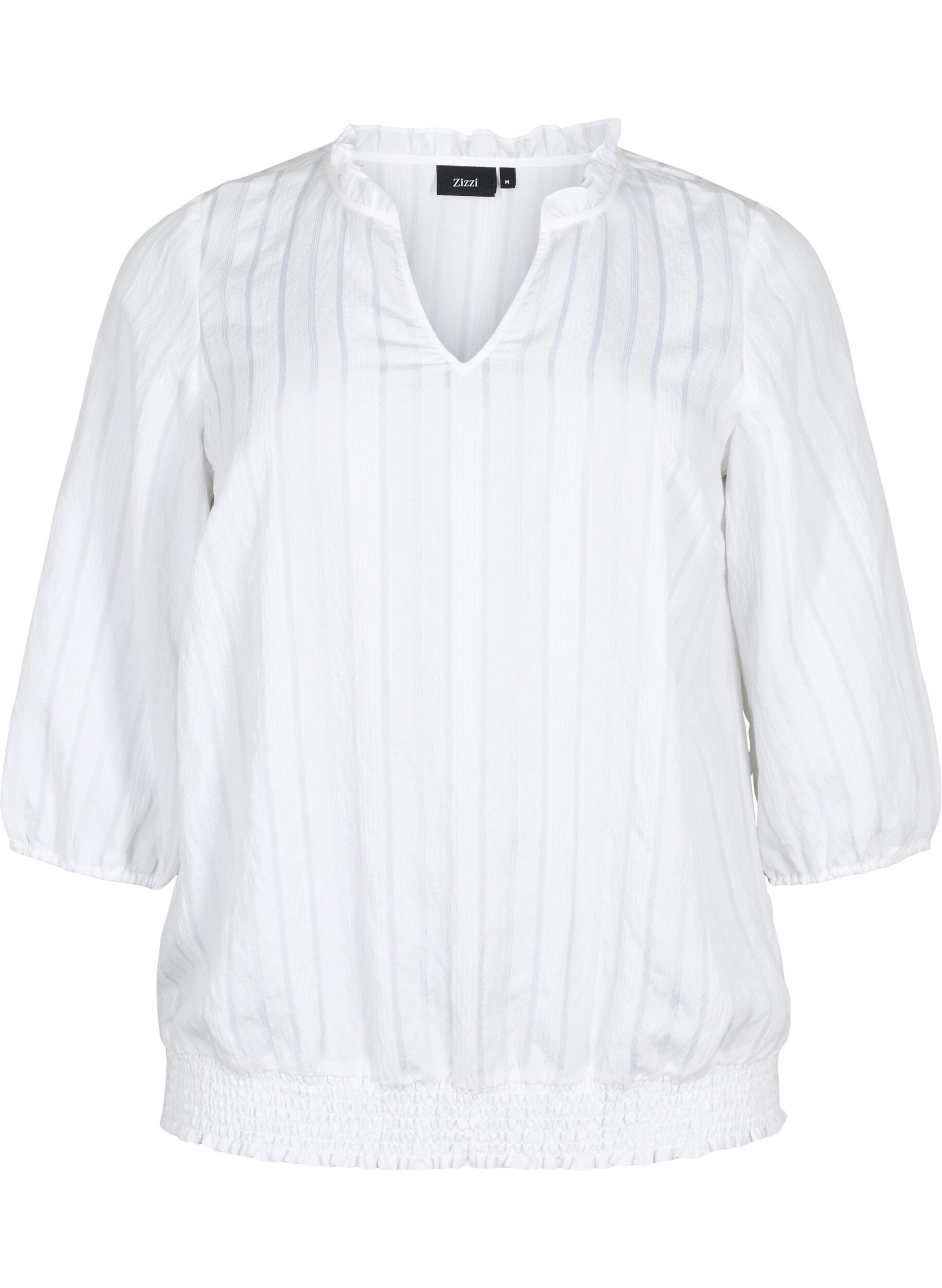 Zizzi 3/4 mouw viscose blouse met smock, Bright White, Packshot image number 0