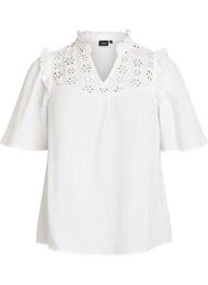 Blouse in katoen mousseline met broderie anglaise en 1/2 mouwen, Wit
