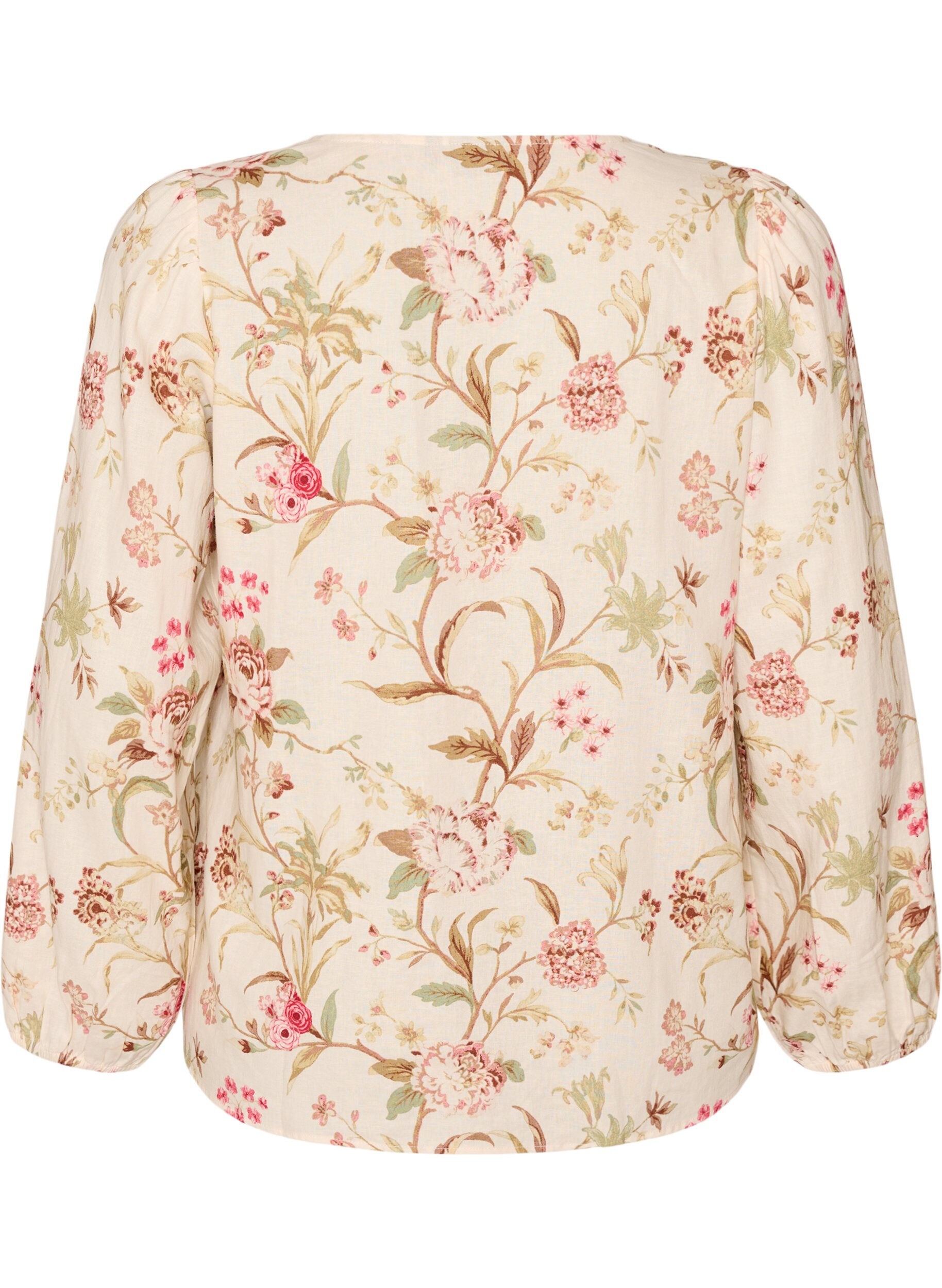 ZizziGebloemde blouse van linnen en viscose met lange mouwen, Vanille, Packshot image number 1