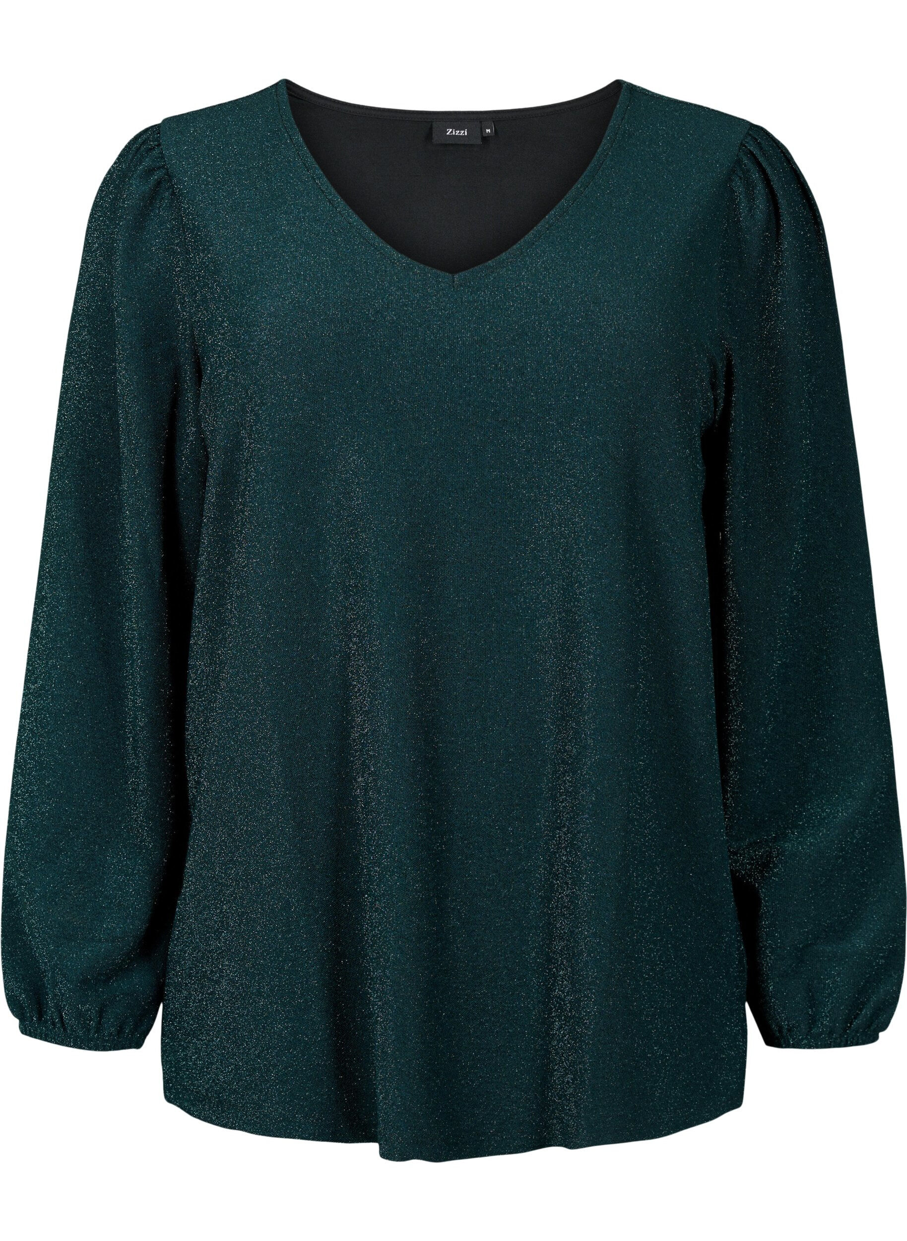 Zizzi Glitter blouse met pofmouwen, Black Scarab, Packshot image number 0