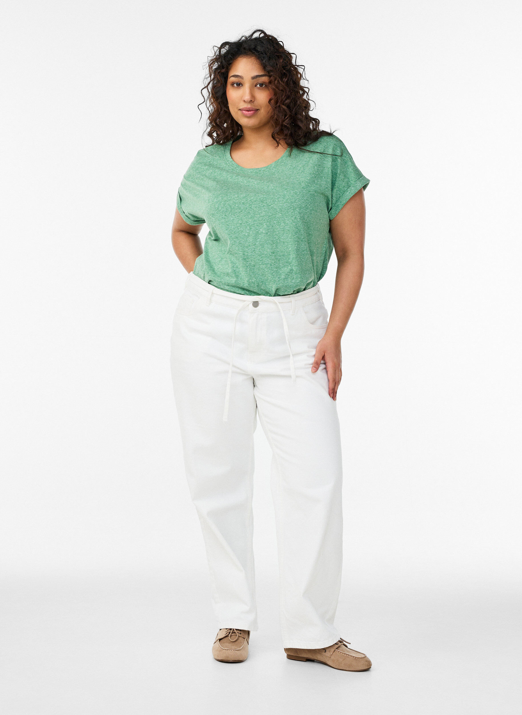 Zizzi Gem&ecirc;leerd T-shirt met korte mouwen, Groen, Model image number 1