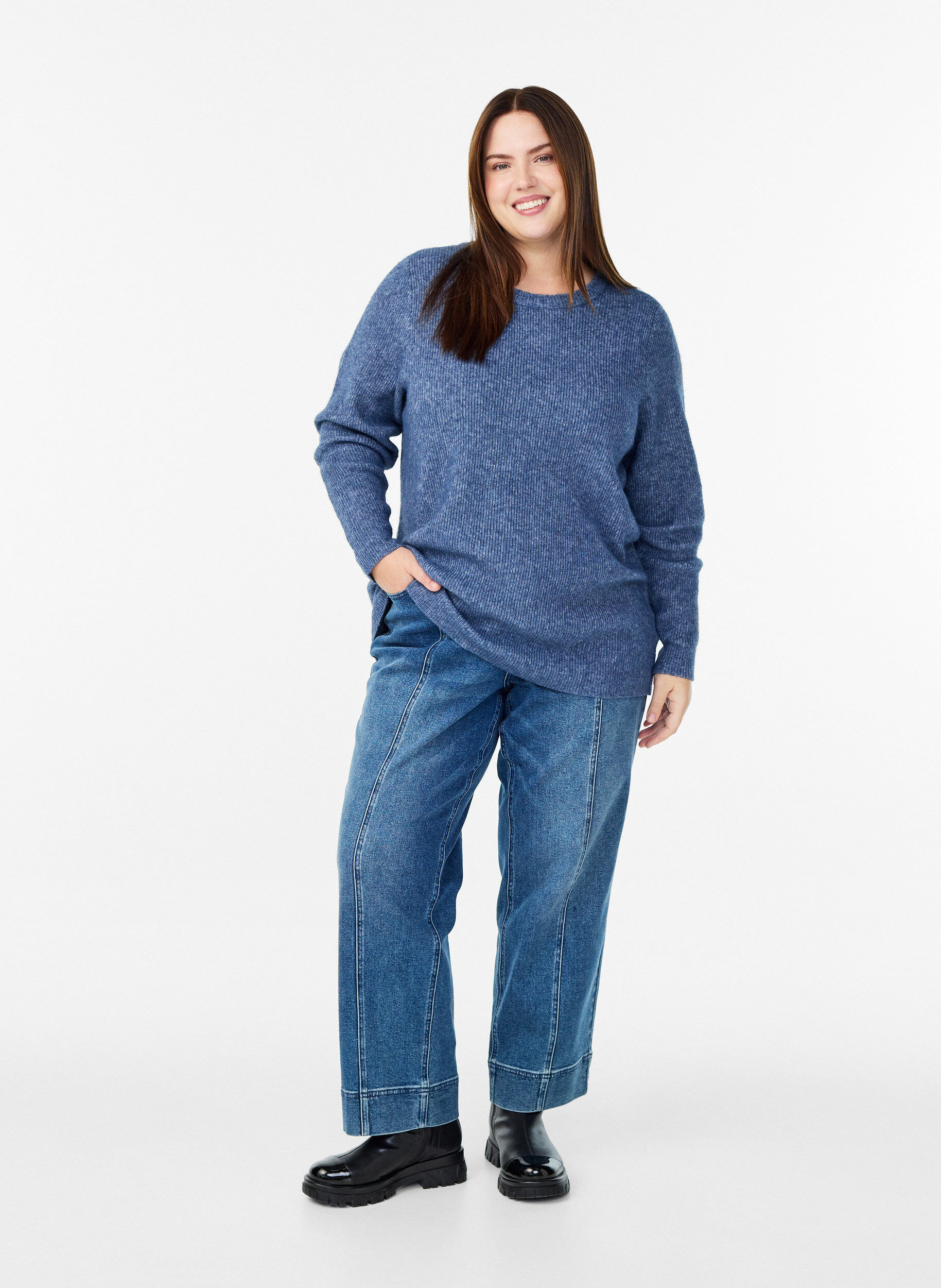 Zizzi Melange breisel blouse met ronde hals, Blauw, Model image number 1