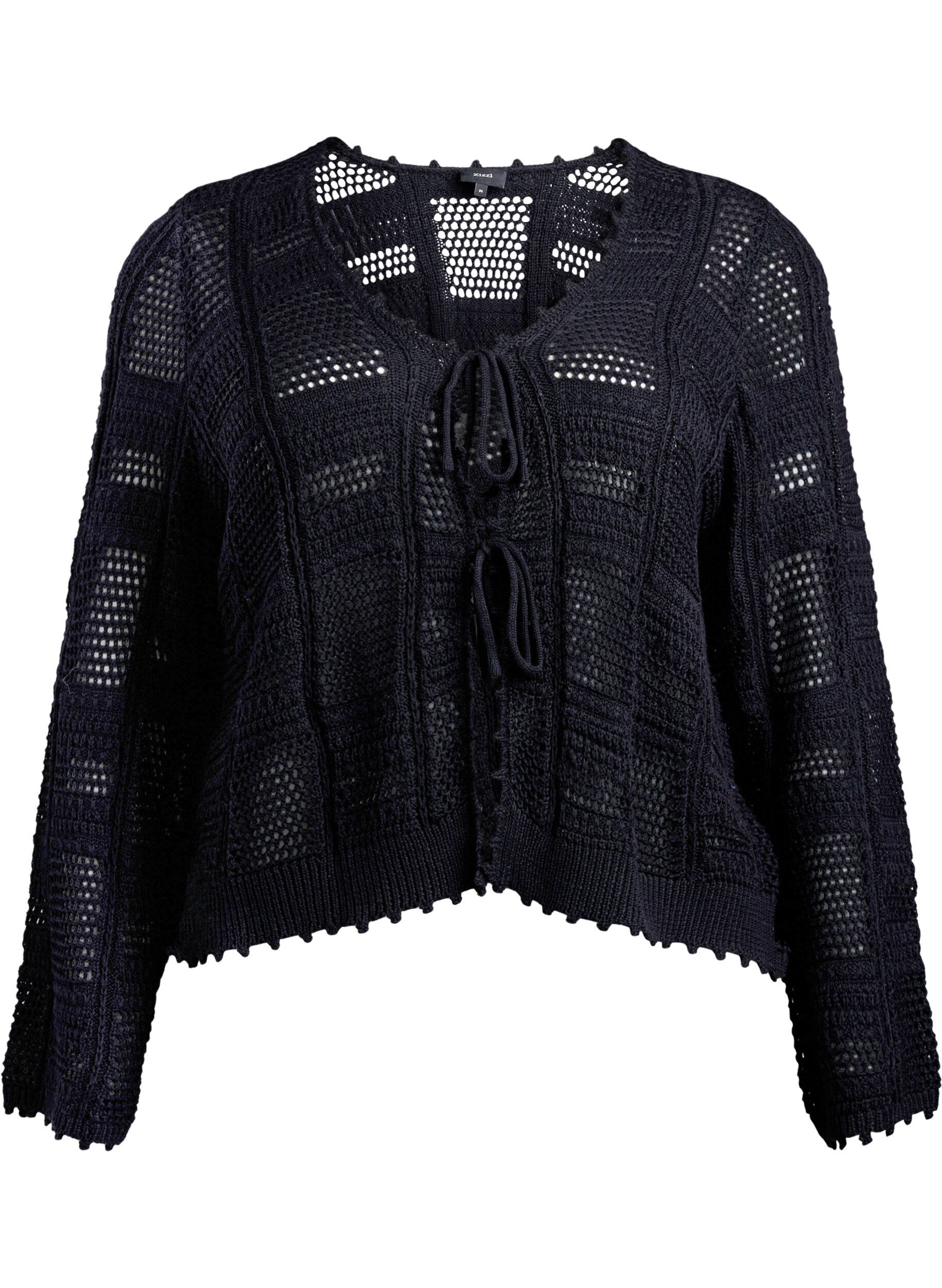 Zizzi Gebreide cardigan met strikjes en een opengewerkt patroon, Zwart, Packshot image number 0