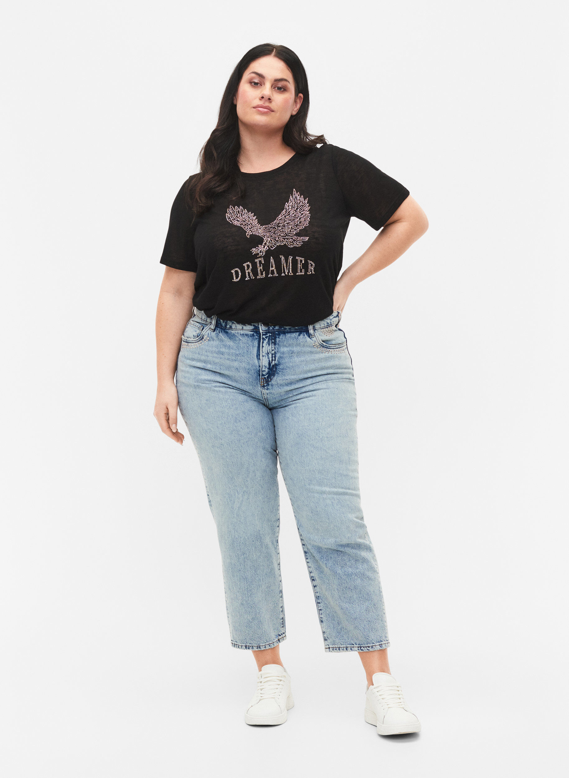 Zizzi Cropped Vera jeans met studs, Light blue denim, Model image number 0