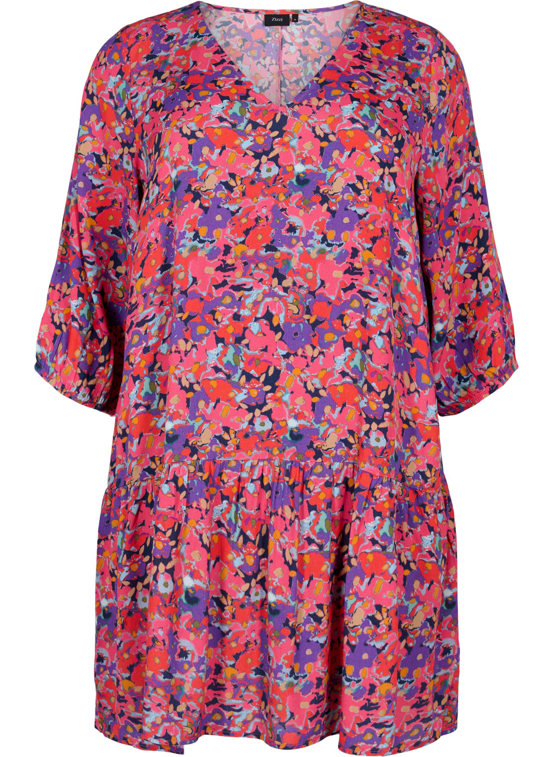 Zizzi Viscose tuniek met A-lijn snit, Pink Small FL. AOP, Packshot image number 0