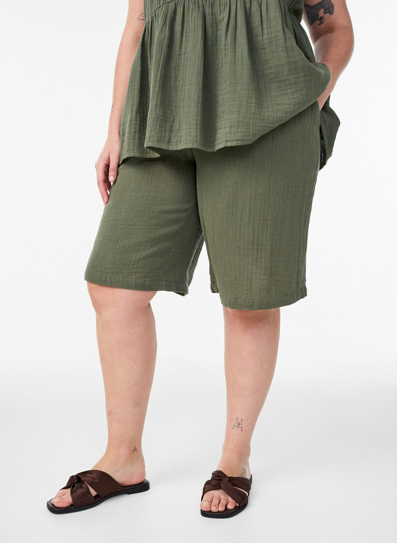 Los katoenen mousseline shorts met een hoge taille, Groen, Model image number 3