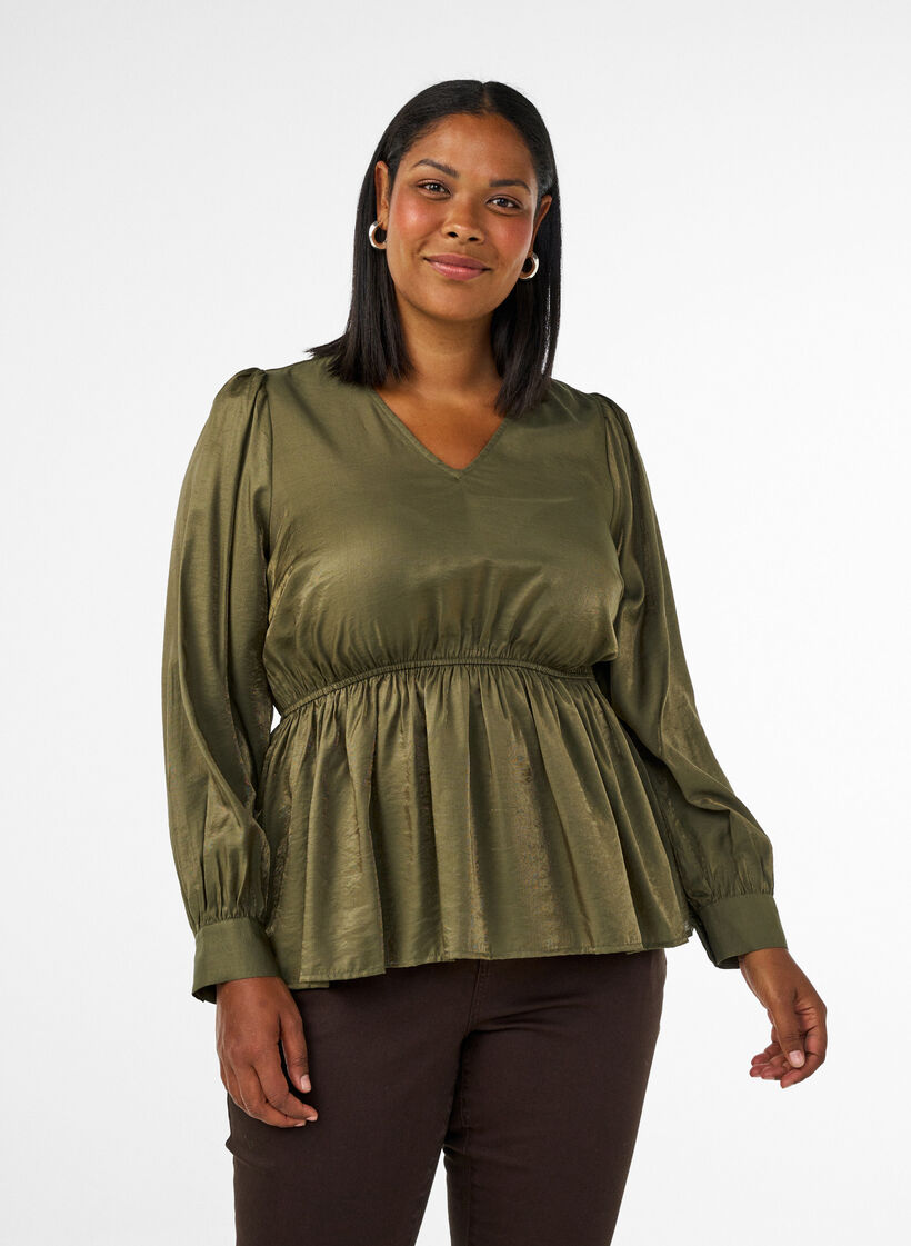 Glanzende viscose blouse met peplumeffect, Groen, Model image number 0