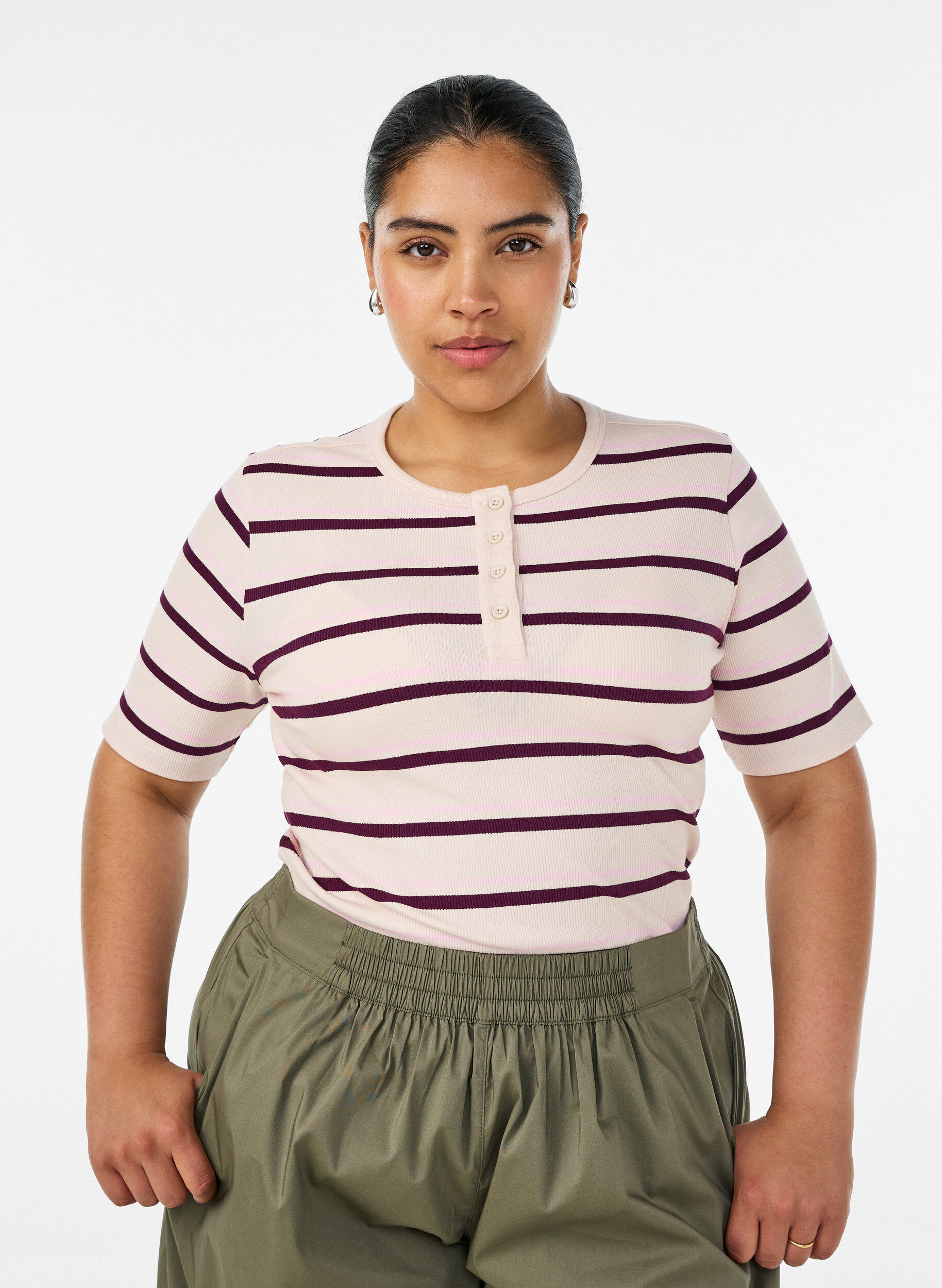 ZizziT-shirt met strepen en geribde knoopdetails, Paars, Model image number 0