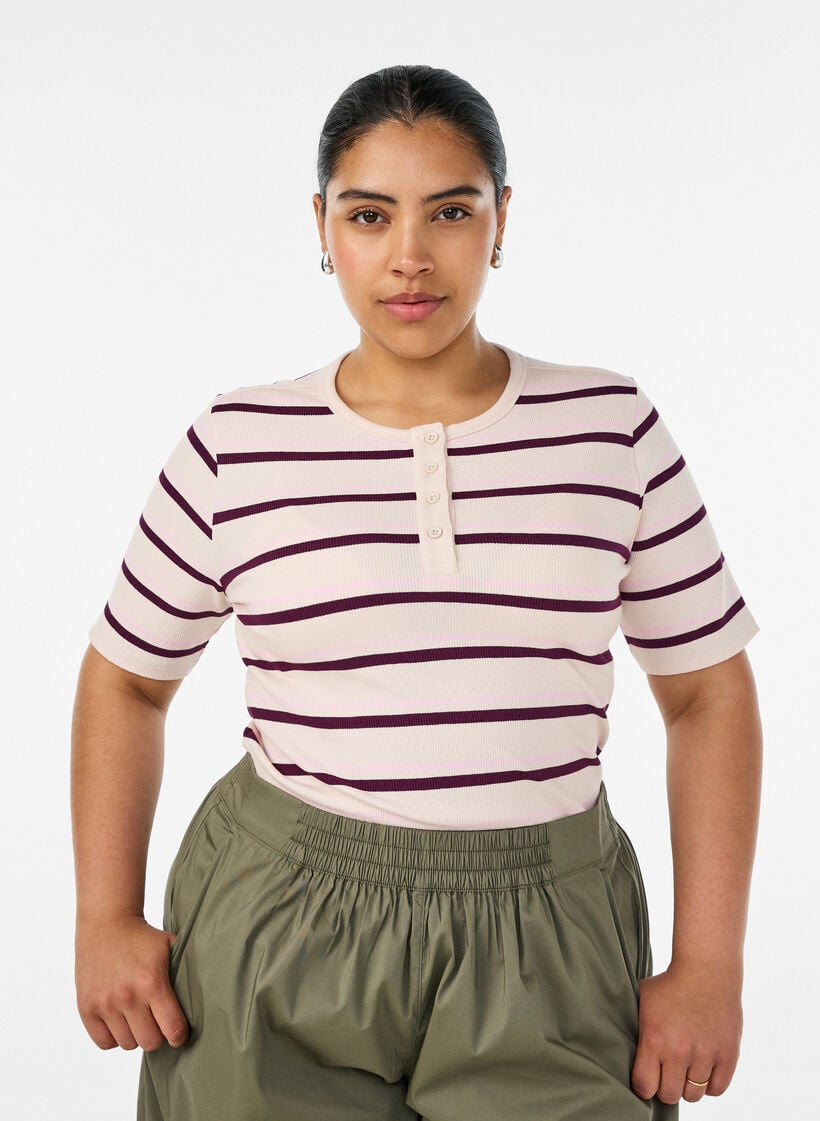 T-shirt met strepen en geribde knoopdetails, Paars, Model image number 0