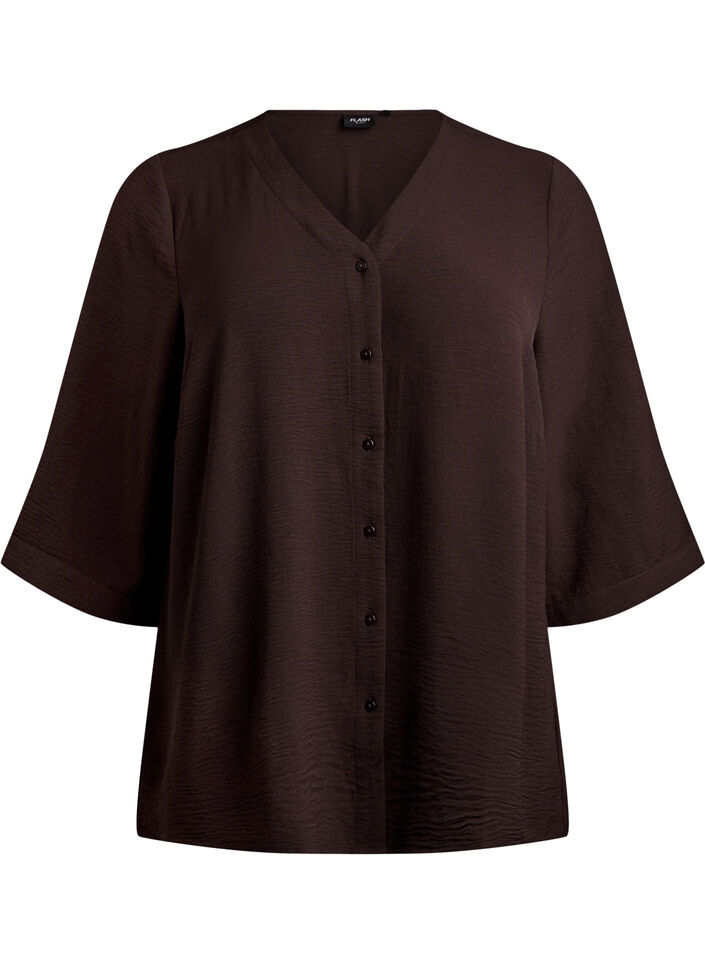 Shirtblouse met V-hals en 3/4 mouwen, Bruin, Packshot image number 0