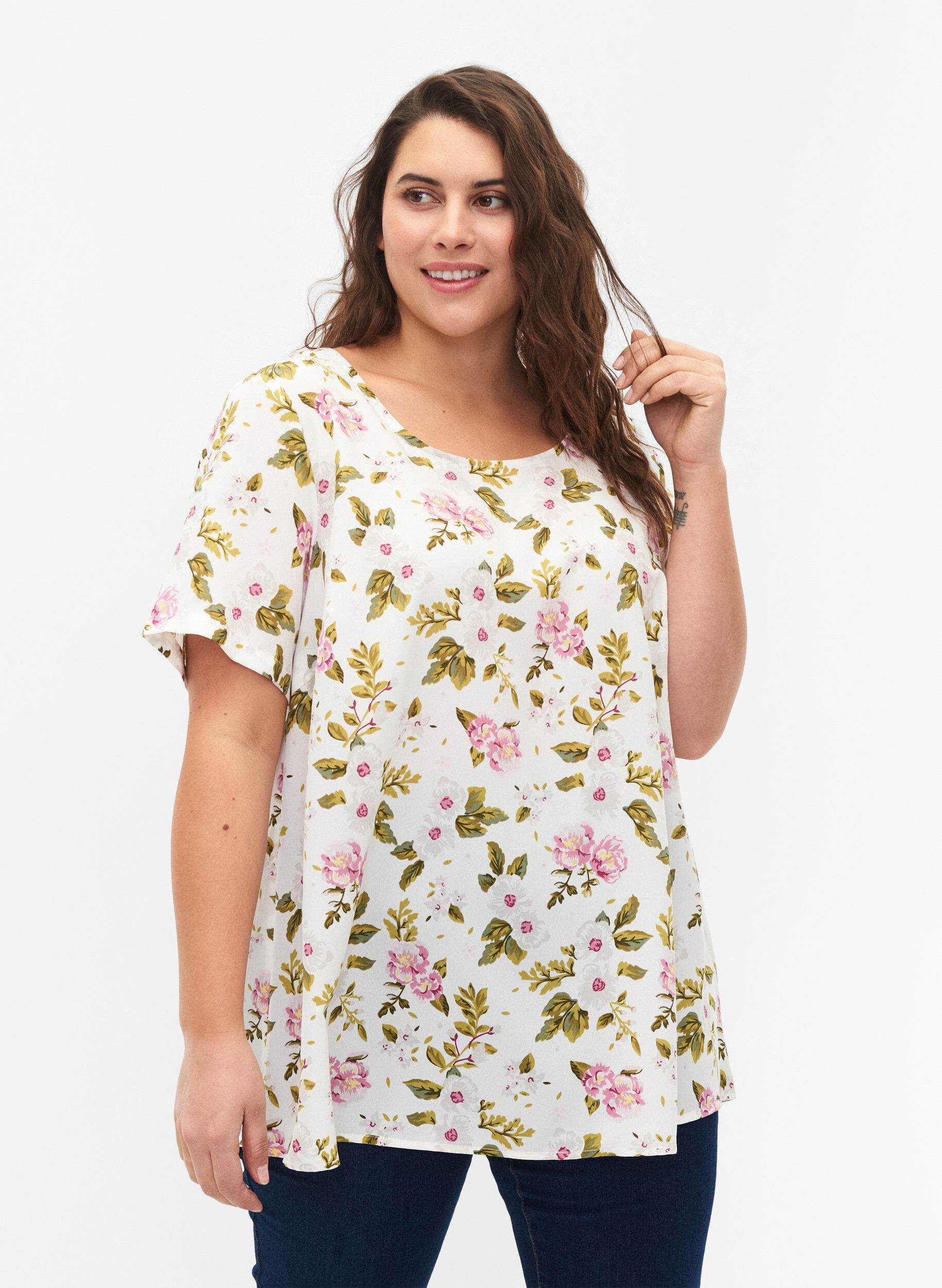 Zizzi FLASH - Blouse met korte mouwen en print, Off White Flower, Model image number 0