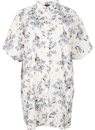 Lang shirt met bloemenprint, White Flower/Gold, Packshot image number 0