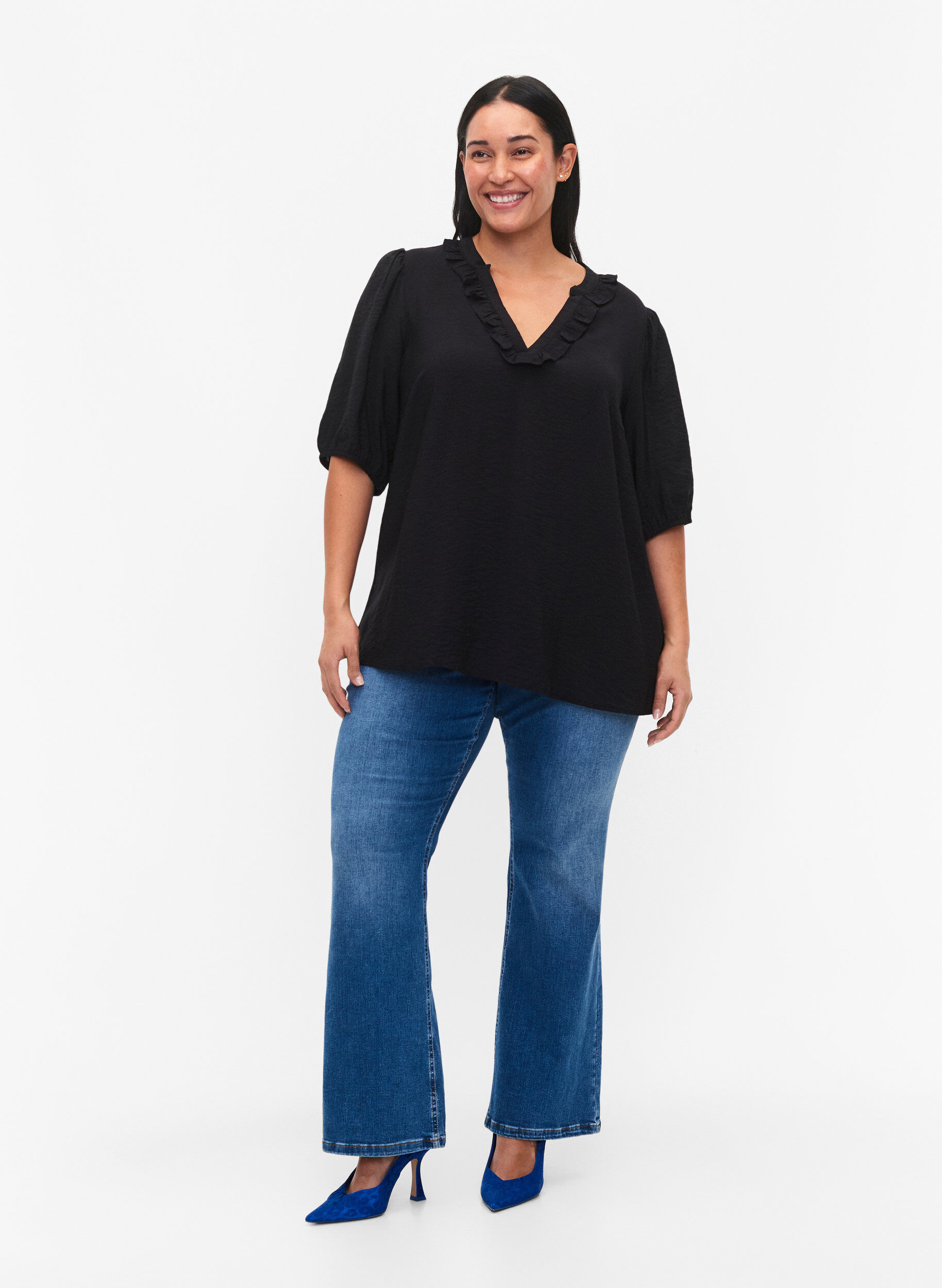 Zizzi Viscose blouse met pofmouwen en ruches, Black, Model image number 2