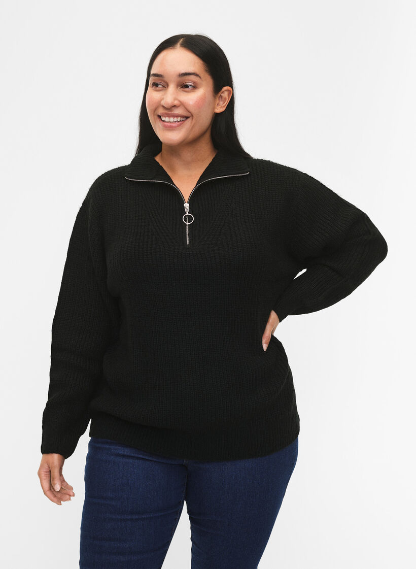 Gebreide trui met hoge hals en rits, Zwart, Model image number 0