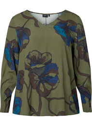 Viscose blouse met lange mouwen en bloemenprint	, Green Big Flower