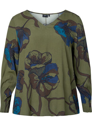 Viscose blouse met lange mouwen en bloemenprint	, Green Big Flower, Packshot image number 0