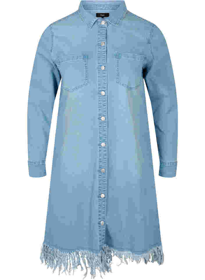 Denim jurk met franjes en knoopsluiting, Light blue denim, Packshot image number 0