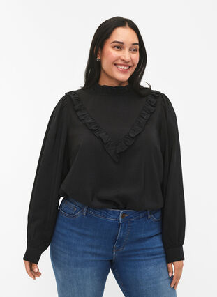 Viscose blouse met franjes, Black, Model image number 0