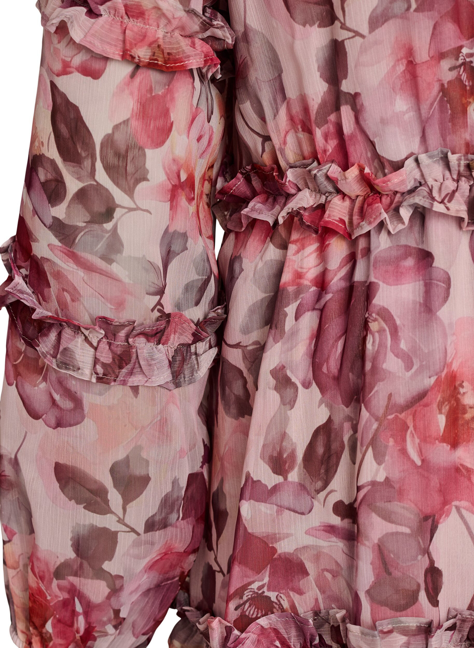 Zizzi Midi-jurk met bloemenprint met ruches en doorschijnende mouwen, Roze, Packshot image number 3