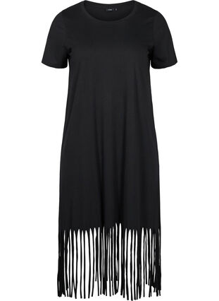 Katoenen jurk met korte mouwen en franje, Black, Packshot image number 0