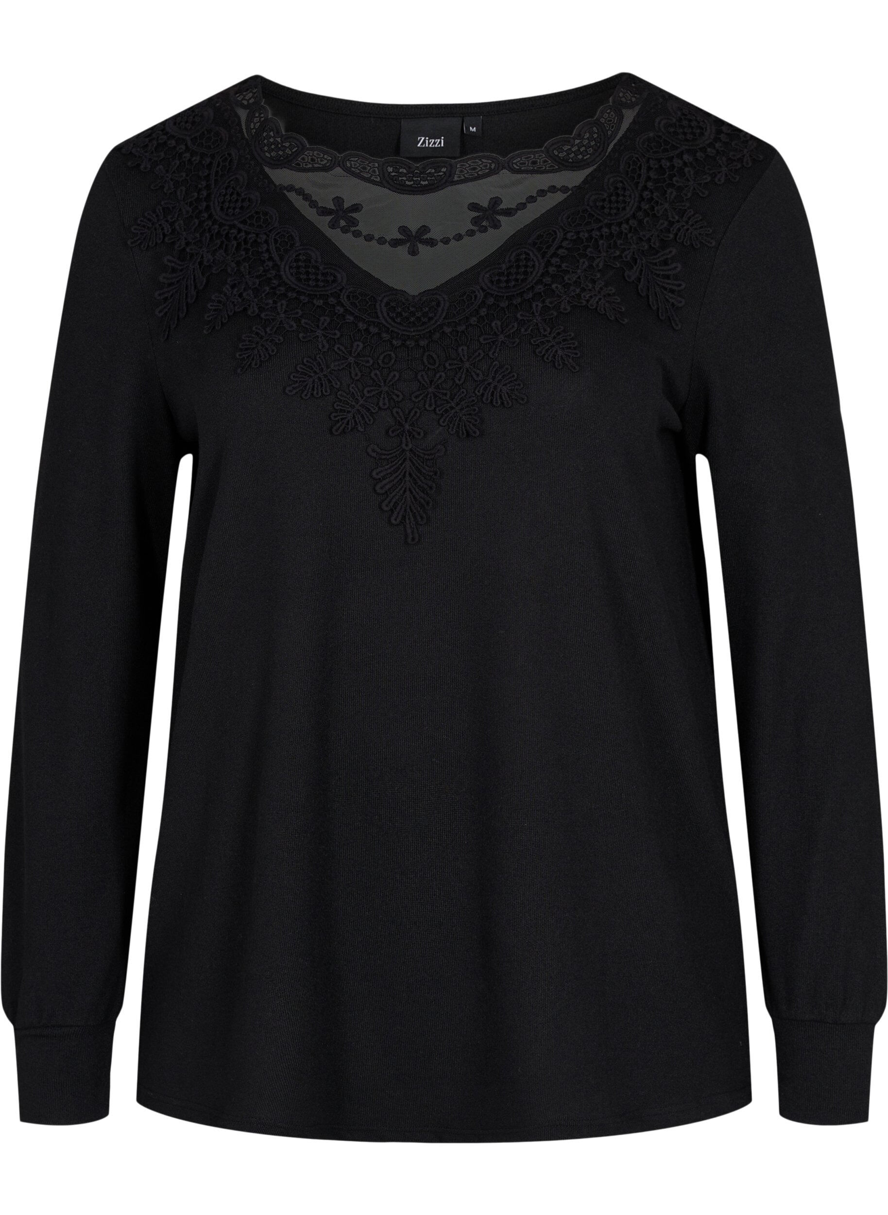 Zizzi Blouse met lange mouwen en kanten details, Black, Packshot image number 0