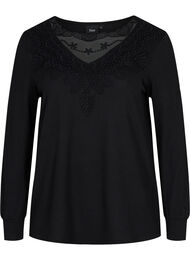 Blouse met lange mouwen en kanten details, Black
