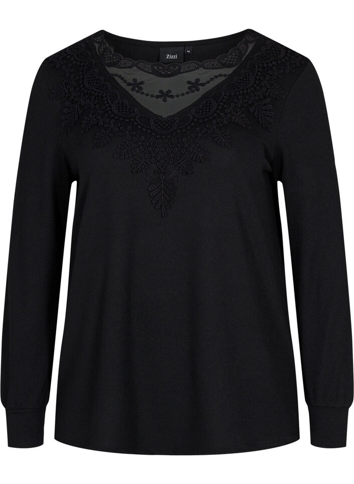 Blouse met lange mouwen en kanten details, Black, Packshot image number 0