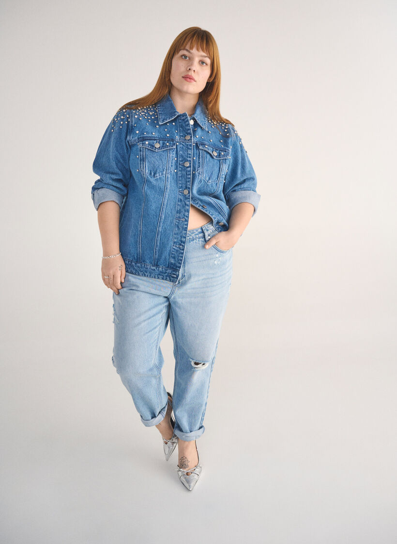 Mille Mom fit jeans met distressed details, Blauw, Image