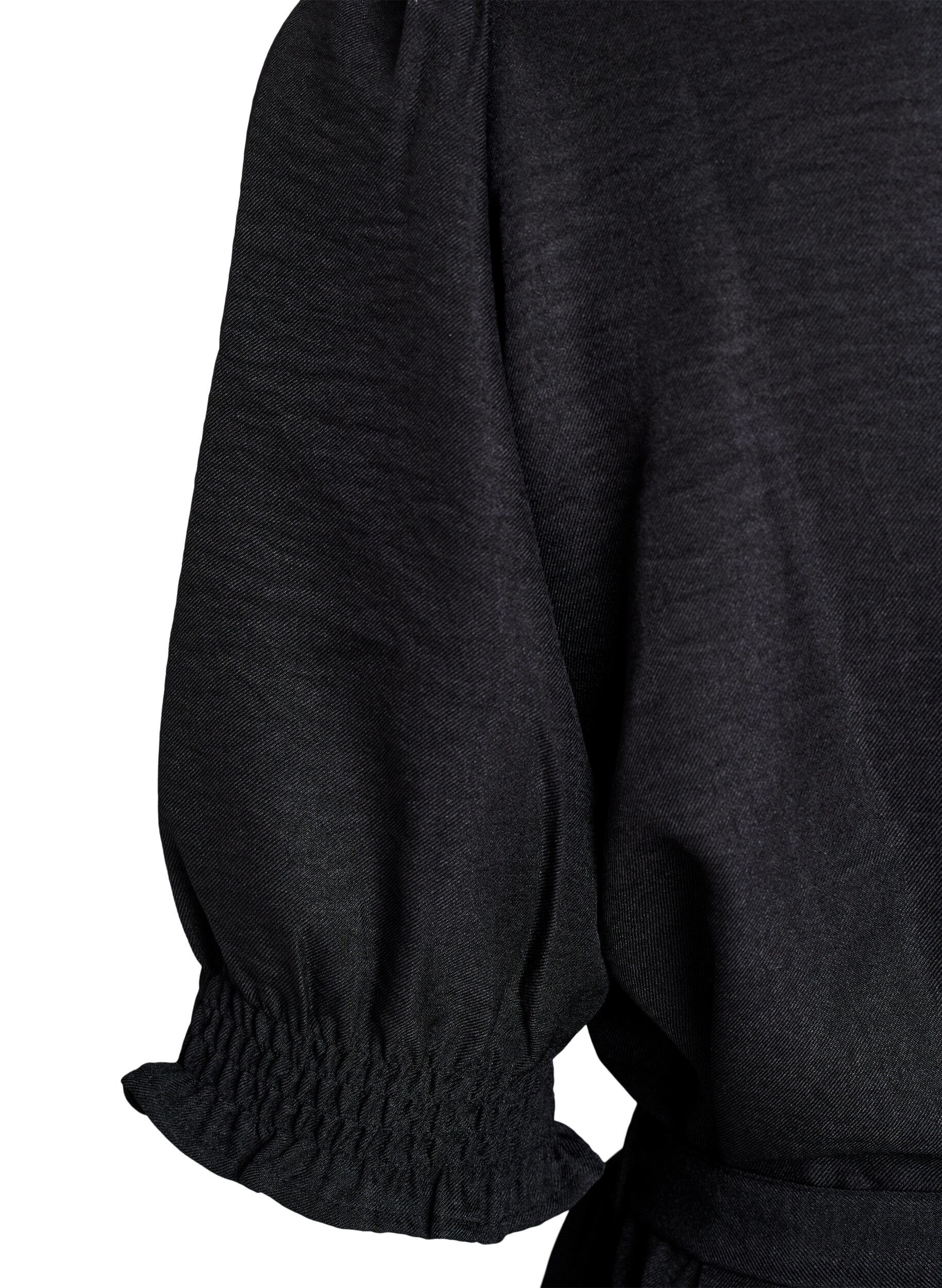 Zizzi Knielange overhemdjurk met strikceintuur, Zwart, Packshot image number 3