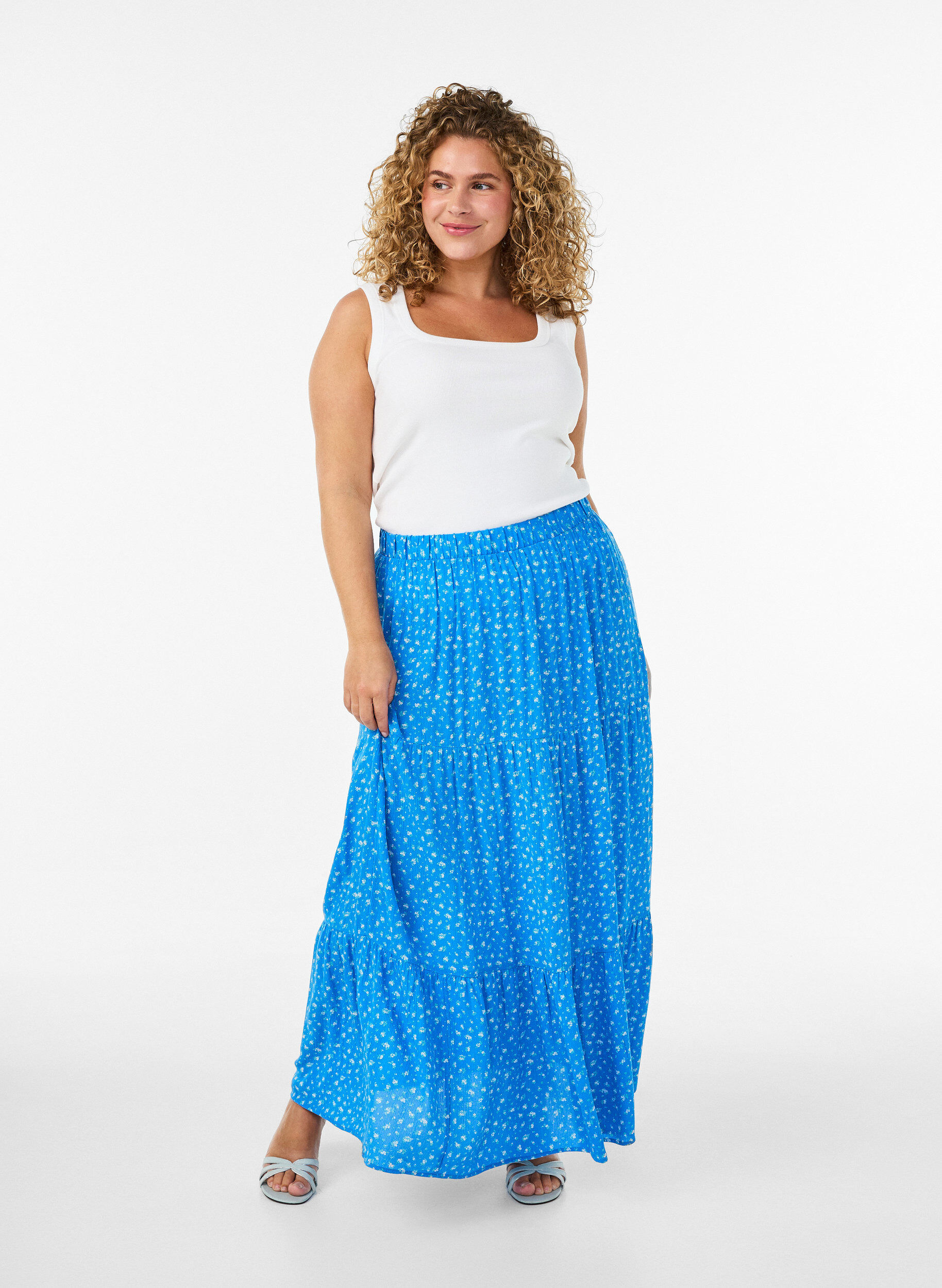 ZizziLange rok met elastiek in de taille, Blauw, Model image number 0