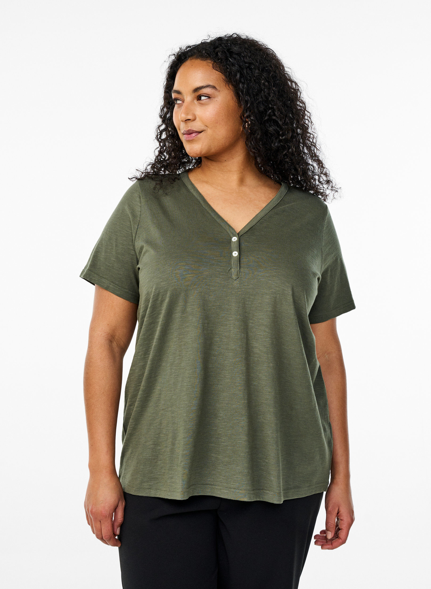 ZizziT-shirt met knoopdetail, Groen, Model image number 0