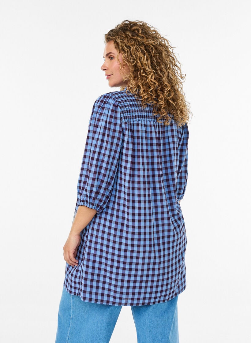 Tunic met ginghamruit en ruchekraag, Blauw, Model image number 1