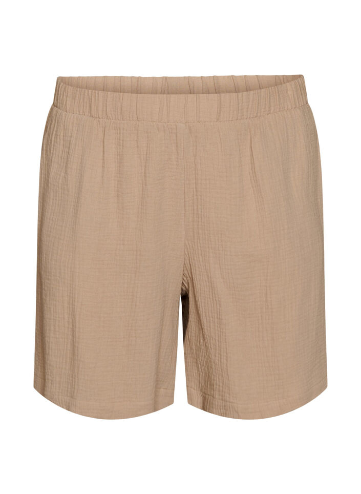 High-waisted mousseline katoen shorts, Beige, Packshot image number 0