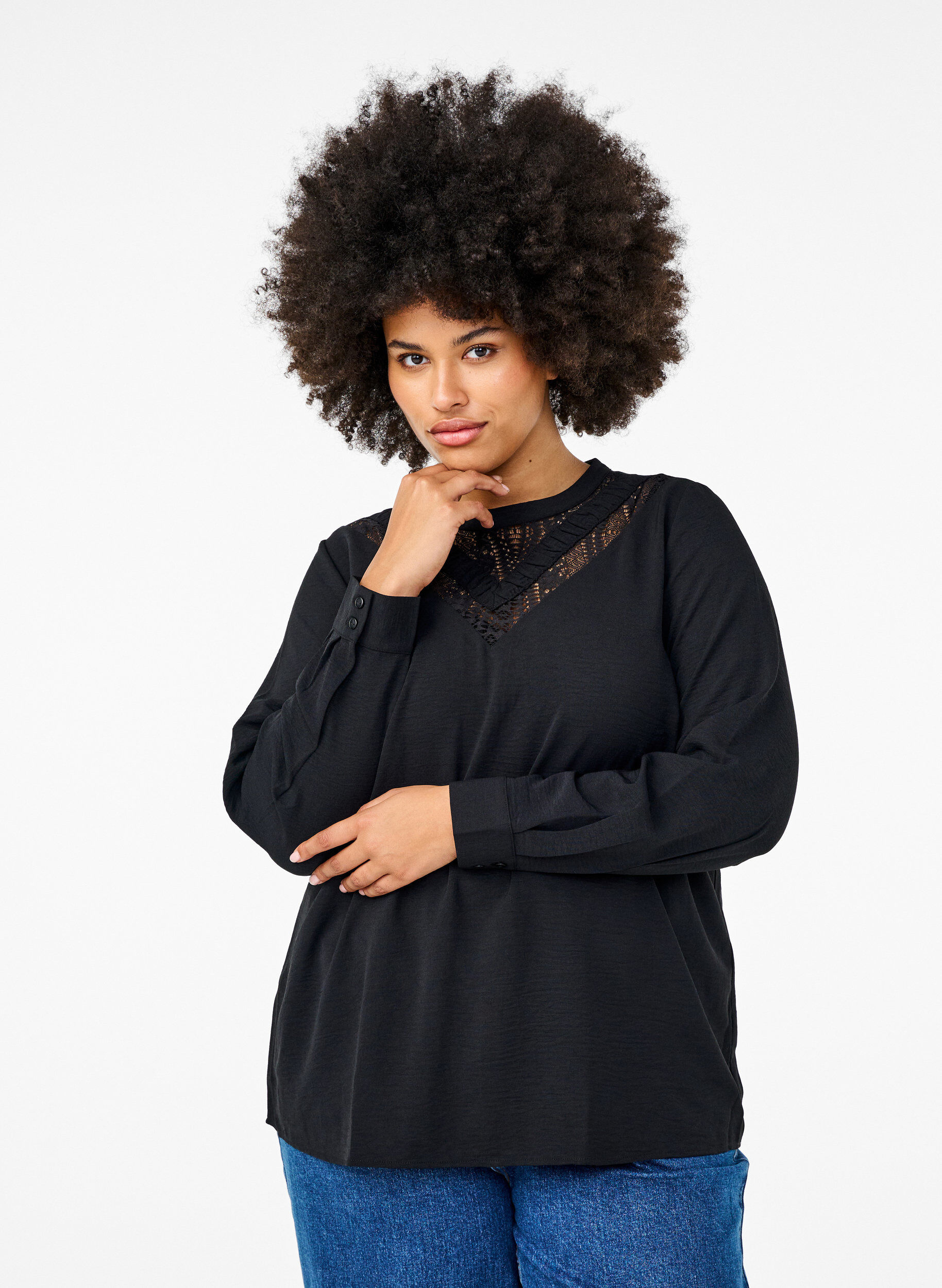 Zizzi Blouse met kanten detail, Black, Model image number 0