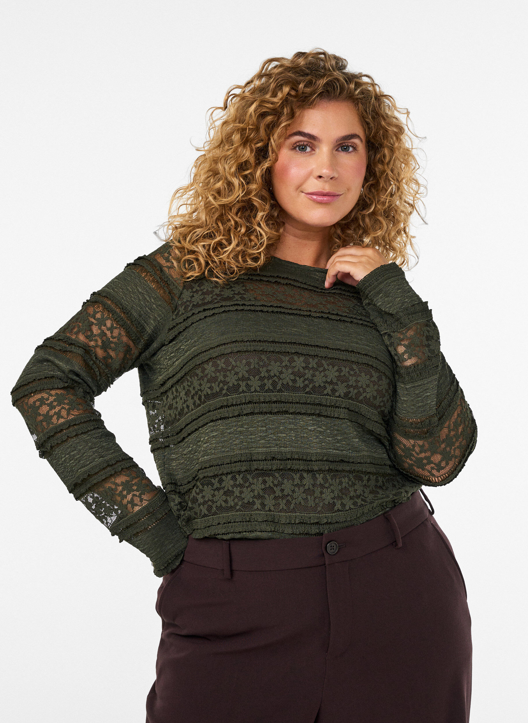 ZizziKanten blouse met lange mouwen, Groen, Model image number 0