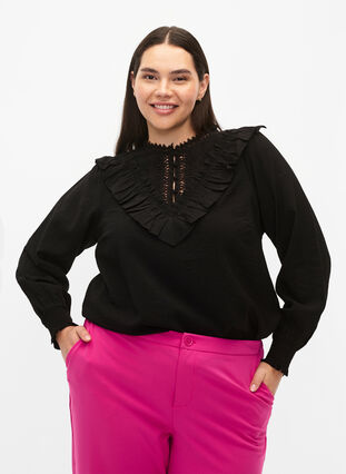 Viscose blouse met ruches en borduursel, Black, Model image number 0