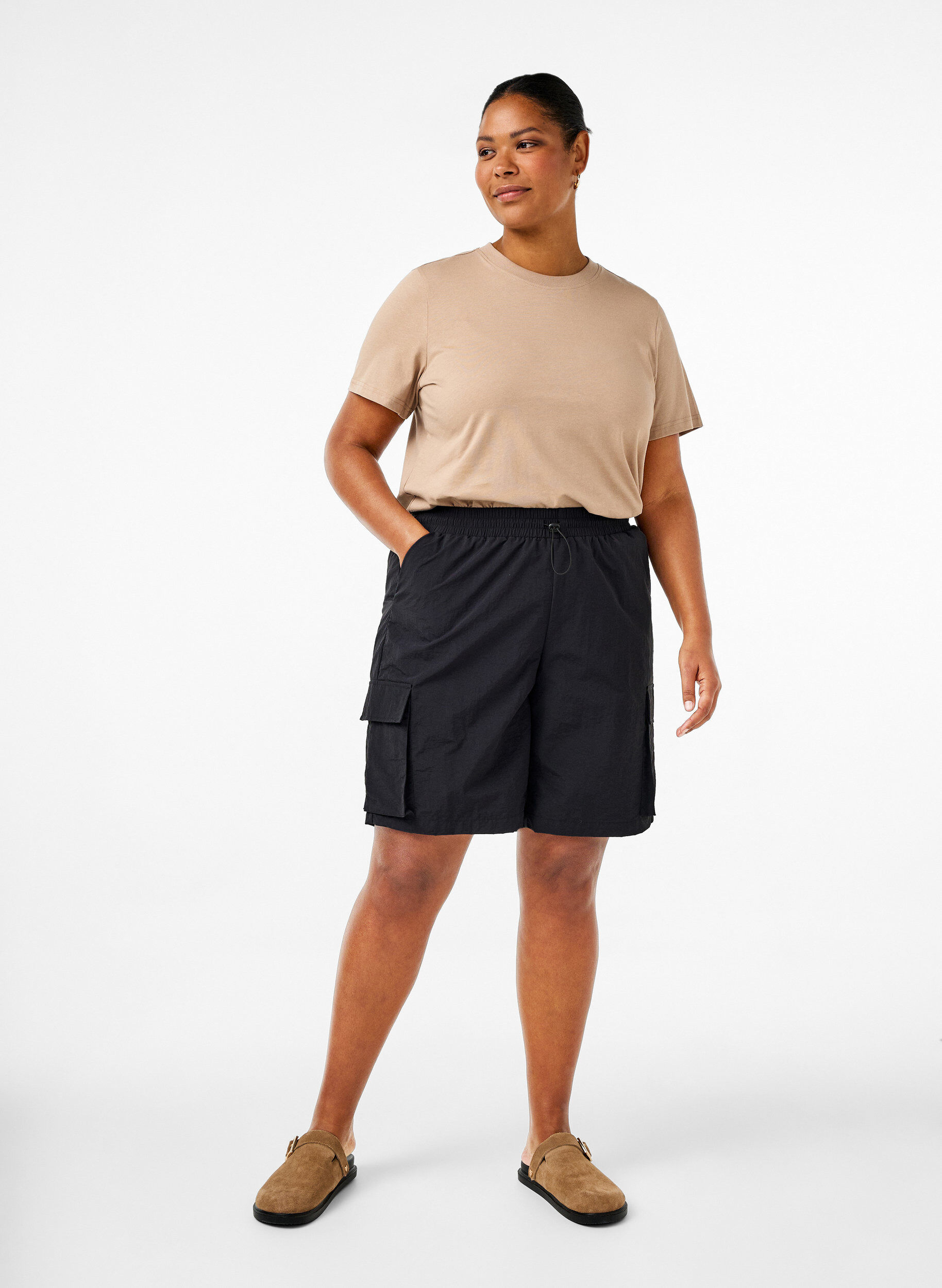 ZizziBasic katoenen T-shirt met ronde hals, Beige, Model image number 1